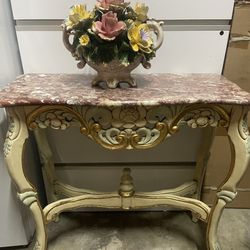 Victorian Console With Marble Top And Flower Arrangement 