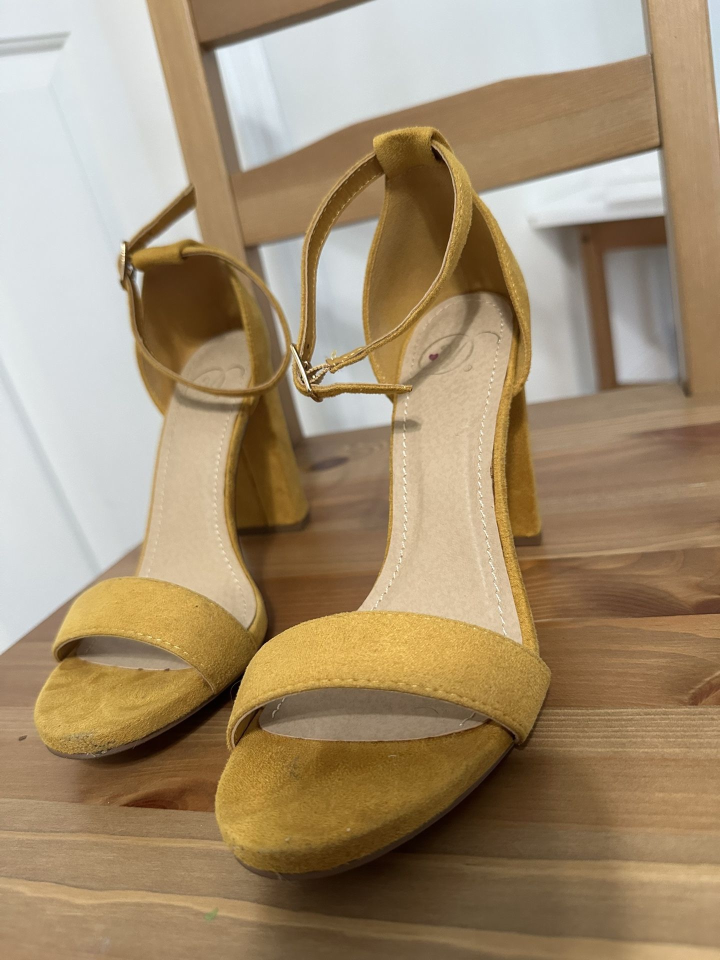 Yellow Faux Suede Block Heels