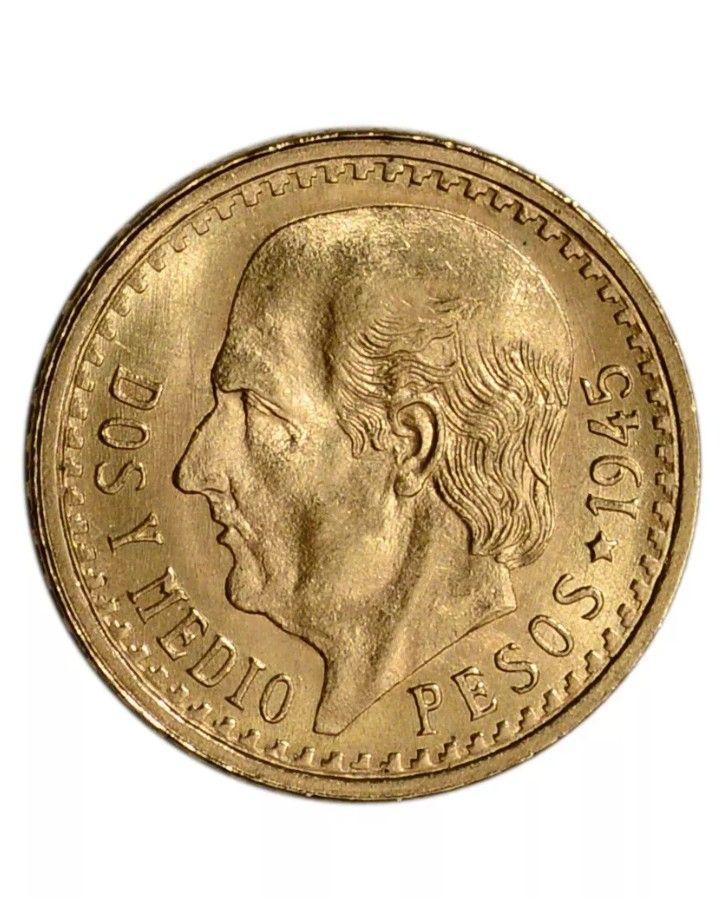 **100% Genuine**UNCIRCULATED ** HIGH GRADE**1945 Mexico Gold 2 1/2 Pesos. Weight: .0603 oz.