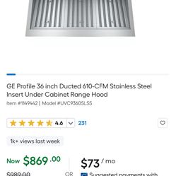 GE Profile 36 inch Ducted 610-CFM Stainless Steel Insert Under Cabinet Range Hood