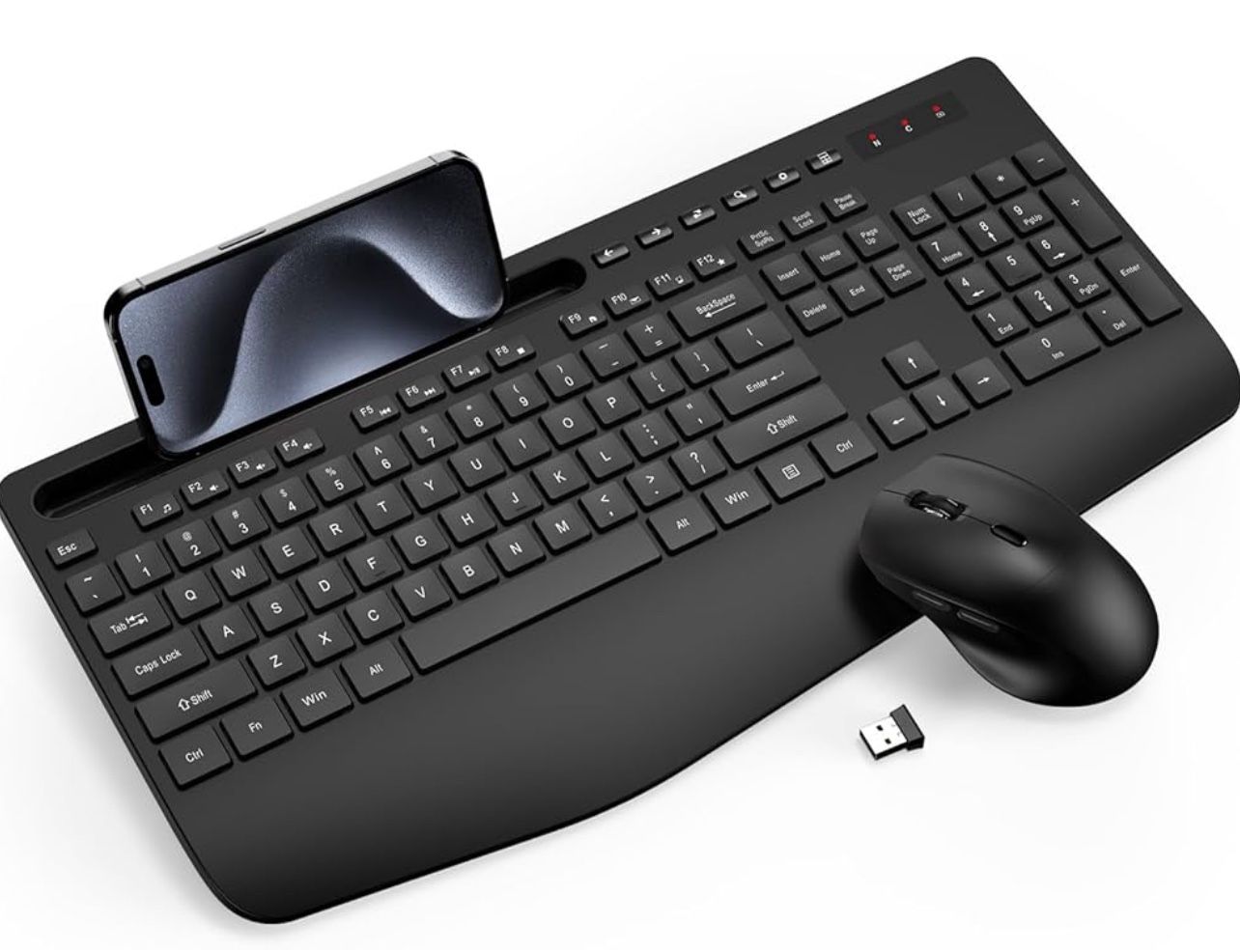 Wireless Keyboard and Mouse Combo - Full-Sized Ergonomic Keyboard with Wrist Rest, Phone Holder, Sleep Mode, Silent 2.4GHz Cordless Keyboard Mouse Com