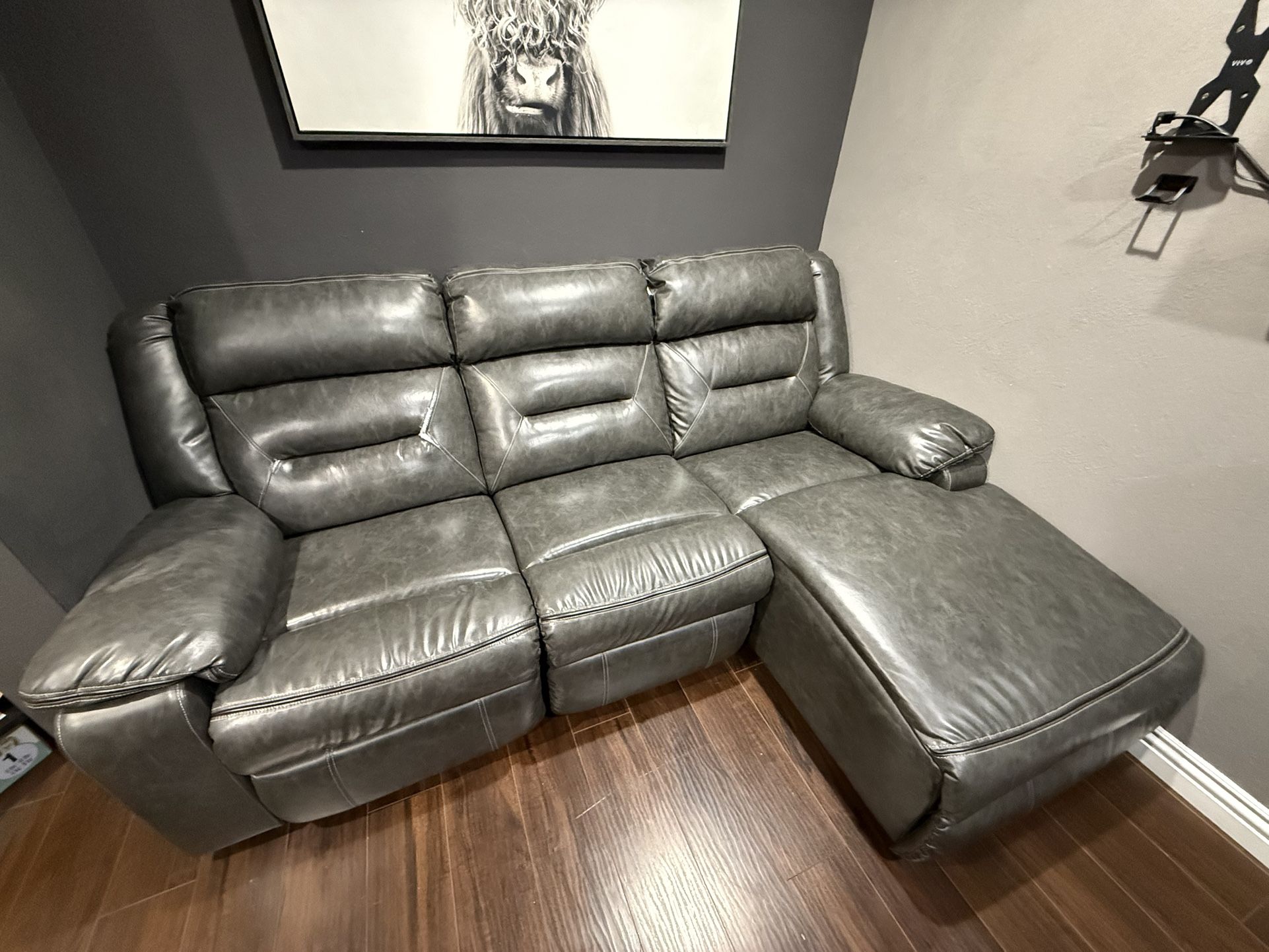 Large Dark Grey Leather L couch with triple loungers 