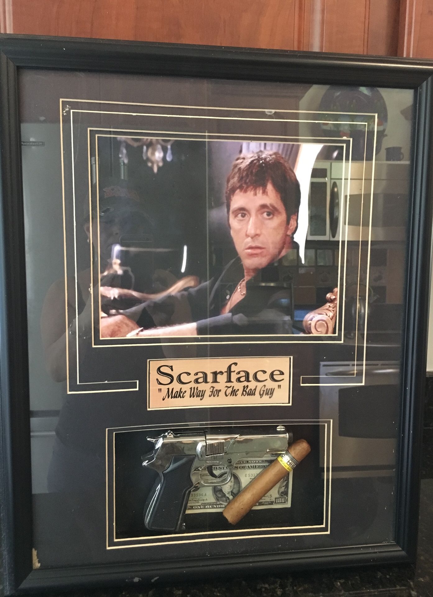Scarface picture with fake gun $100 bill and a cigar
