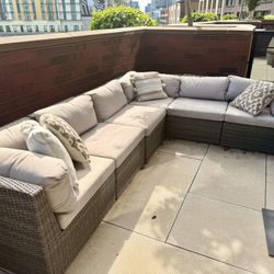 Outdoor Sectional + Cover- Brown Rattan & Grey Cushion