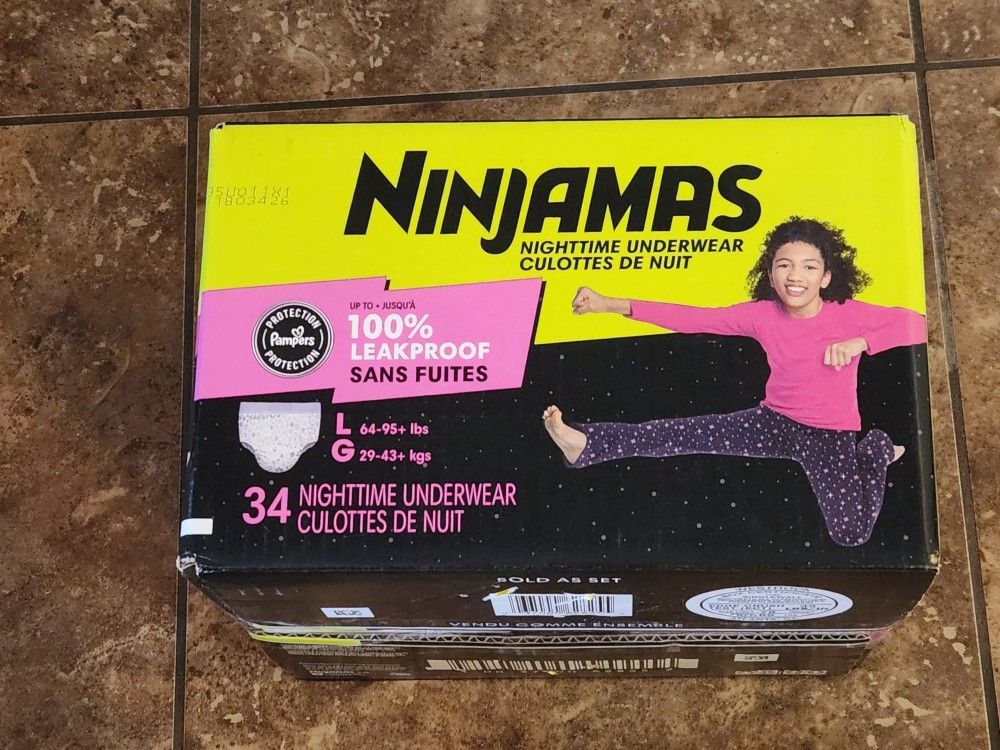 Ninjamas Girls Nightime Underwear Size Large 64-95+ Lbs 34 Count