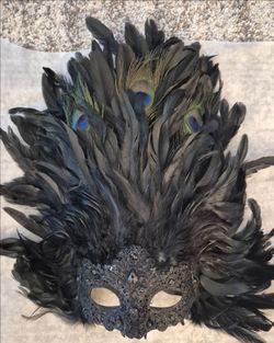 Black Feather Masquerade Mask with Peacock Feathers