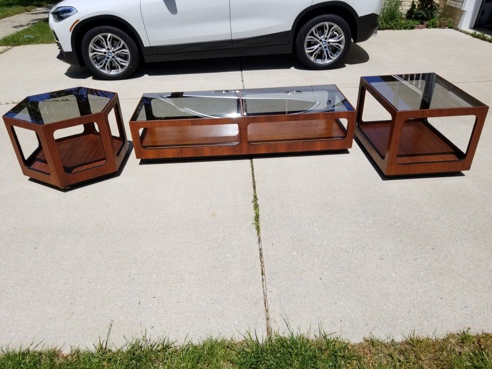 Mid century modern lane Alta Vista smoked glass coffee table and 2 side tables