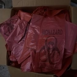 box of assorted size red biohazard bags