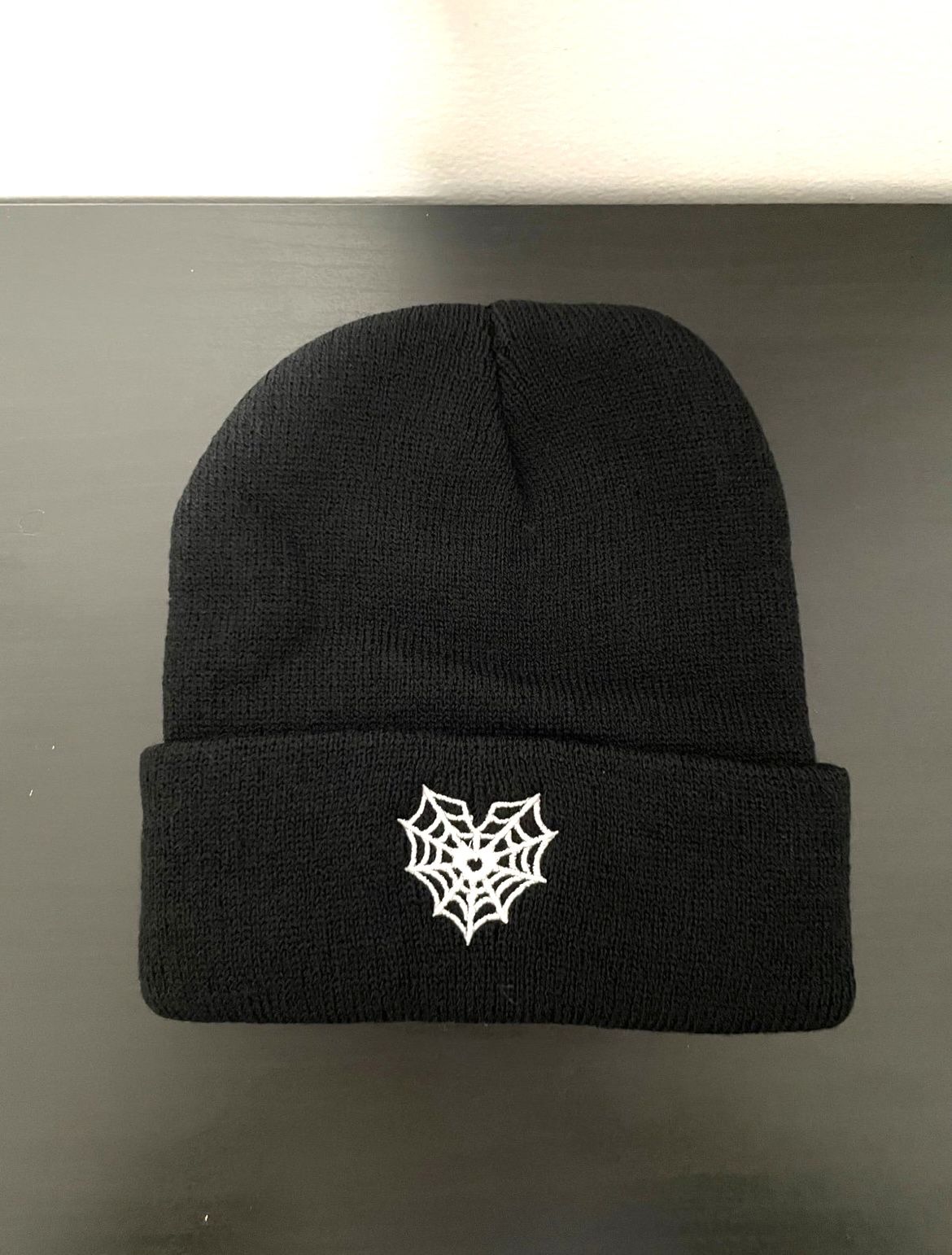 Spider Web Heart Beanie NEW Black Hat Horror Halloween Cuffed Knit Gothic