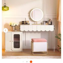 Modern White Makeup Vanity with Drawers & Side Cabinet