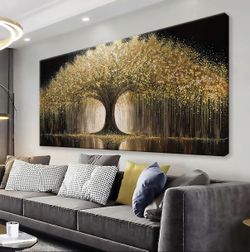 Large Golden Tree of Life Canvas Wall Art 29x58" – Black & Gold, Ready to Hang – New