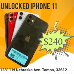 11 Unlocked clean like new, many colors available with Charger & Warranty @ 12811 N Nebraska Ave. Tampa, 33612