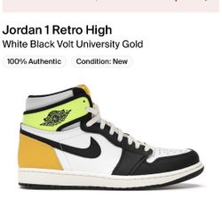 Jordan 1 Retro High White Black Volt University Gold Size 9