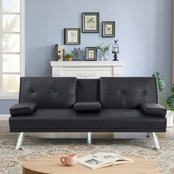 Folding Sofa Bed with Cup Holder Convertible Futon Couches Adjustable Backrest Modern PU Leather