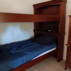 Twin XL Bunk Beds Cherry Wood Bookcase Headboard 