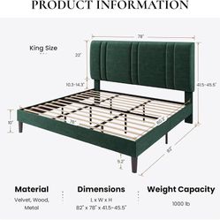King Size Velvet Bed Frame with Adjustable Headboard, Green Vertical Channel Tufted Design, Upholstered Platform Bed, Wood Slats Support/No Box Spring