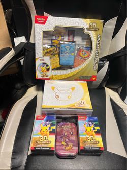 Pokémon 30th Celebration 2xBooster Bundles 1xETB and 1xPosterCollection 2026 and Pokemon 30th preopend tin with hits included