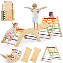 7-in-1 Climbing Toys for Toddlers 1-3 Years Old, Foldable Wooden Pikler Triangle Set Indoor, Montessori Climbing Set with Arch, Ramp & Ladder - Rainbo