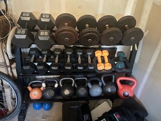 Dumbbells and kettlebells and rack