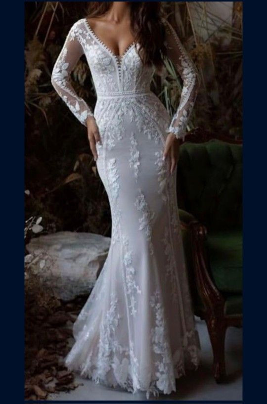 Wedding Dress (Mermaid Long Sleeve V-neck Boho Dress With Train)
