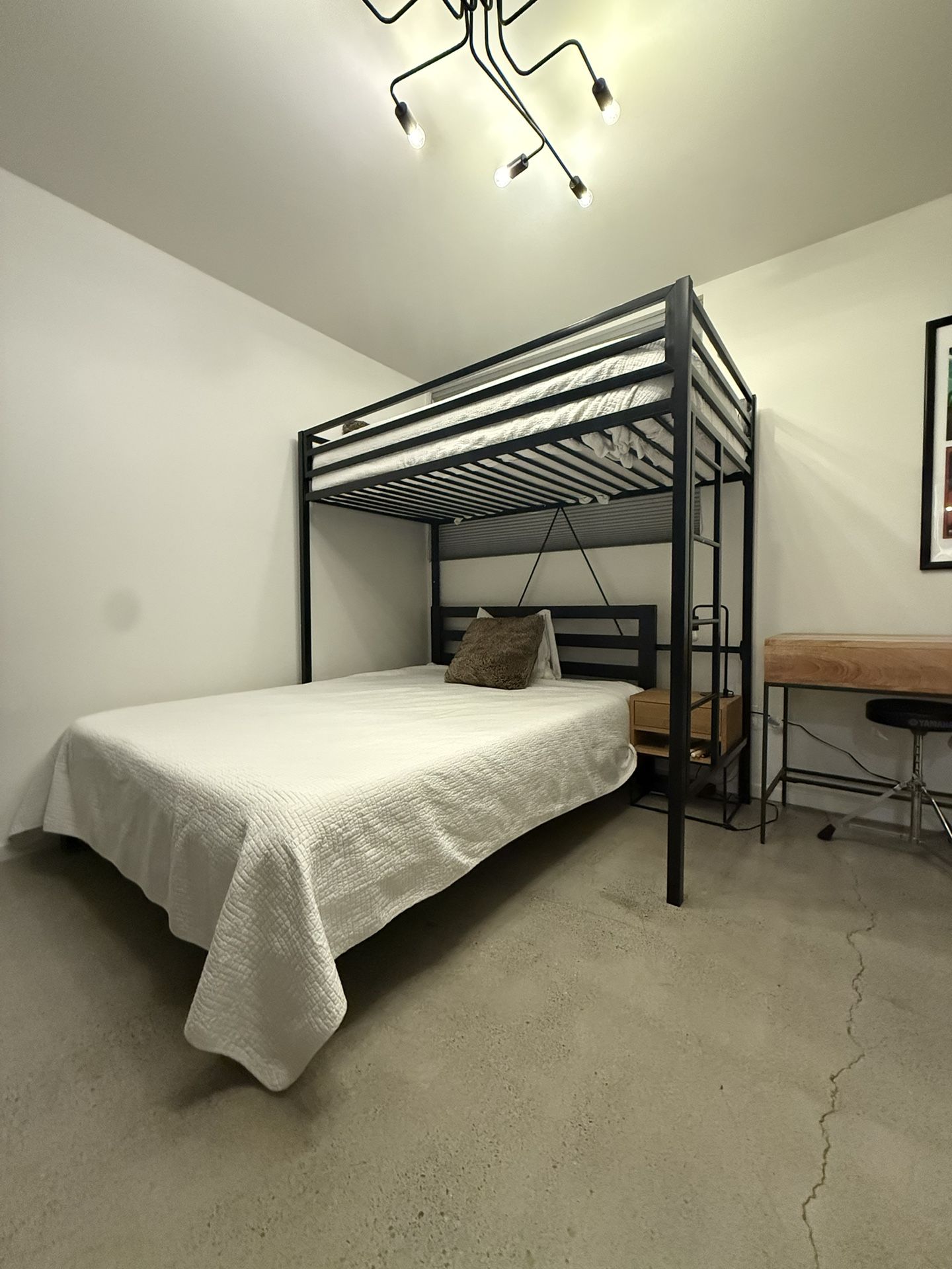 Queen Bed + Twin Loft Bunk – Modern Steel Frame + Tuft & Needle Mattresses (Like New)
