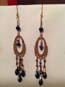 Dangle chandelier blue stone and gold long dangle earrings