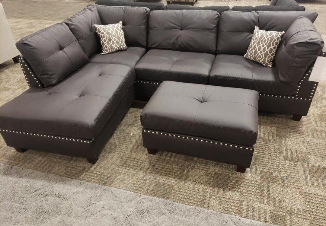 Brand New Espresso Color Bonded Leather Sectional Sofa Couch +Ottoman
