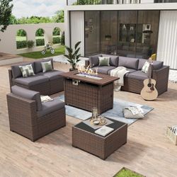 Aoxun 8 Piece Patio Furniture Set with 44" Fire Pit Table Wicker Rattan Outdoor Sectional Sofa Set with Coffee Table and Thickened Cushions, Grey