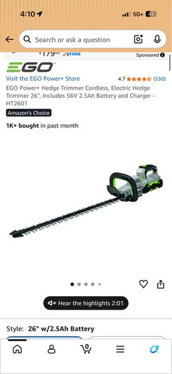 EGO Powert Hedge Trimmer Cordless, Electric Hedge Trimmer 26", Includes 56V 2.5Ah Battery and Charger - HT2601