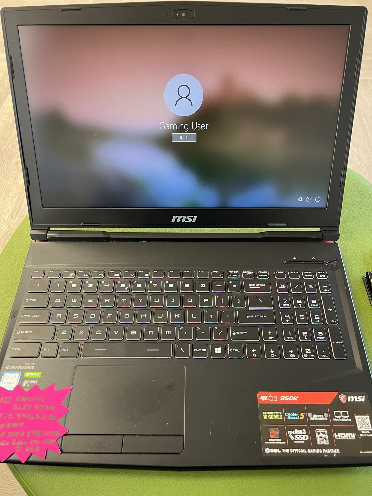 MSI GL63 9SDK 15.6" i7-9750H 2.60GHz, 16 GB, 256 GB SSD + 1 TB HDD Nvidia GeForce GTX1660Ti 6GB, Win 10 Home . In Very Good Condition and Good Battery