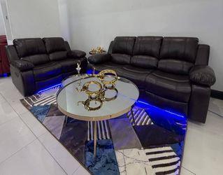 Modern Brown Leather Sofa & Loveseat - LED Underglow ✨