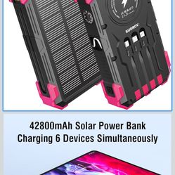 Solar Charger Power Bank, 42800mAh Wireless Portable Charger with USB-C in/Output, QC3.0 Fast Charging 15W 4 Ports Outdoor Battery Pack Built-in Dual 