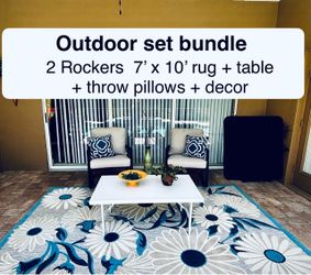 Outdoor patio furniture bundle set. 2 Rocking chairs, 7’x 10’ rug, table, decor, throw pillows, cushions