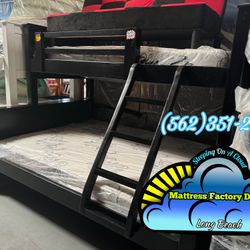 Twin XL / Full Black Bunk Bed Solid Wood Mattresses Included 
