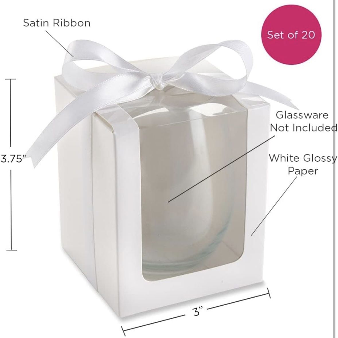 B113 Kate Aspen White Gift Boxes with Clear Panel and White Satin Bow for 9-Ounce Stemless Wine Glass, Set of 20, 3.75" h x 3.13" w x 3.13" d