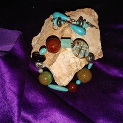 Turquoise(faux) & Stone Bracelet & Earrings