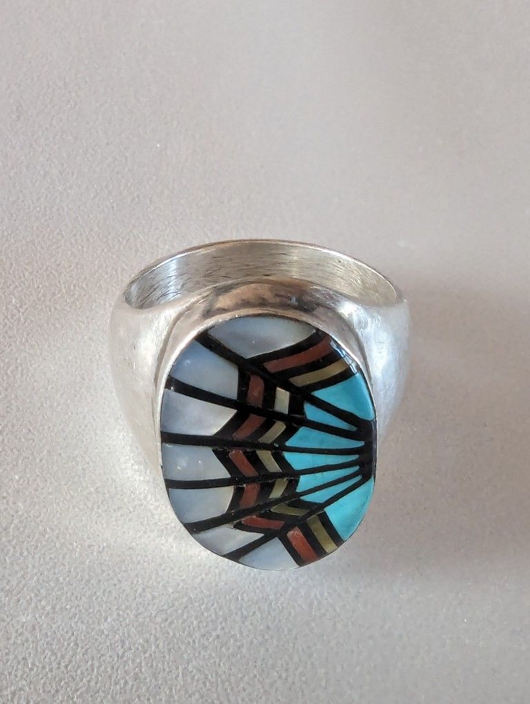 Angelina Laahty Zuni Turquoise Coral Acoma Jet & Mother Of Pearl Inlay Men's Ring