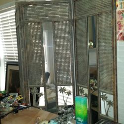 Room divider screen bronze basket weave with mirror inserts