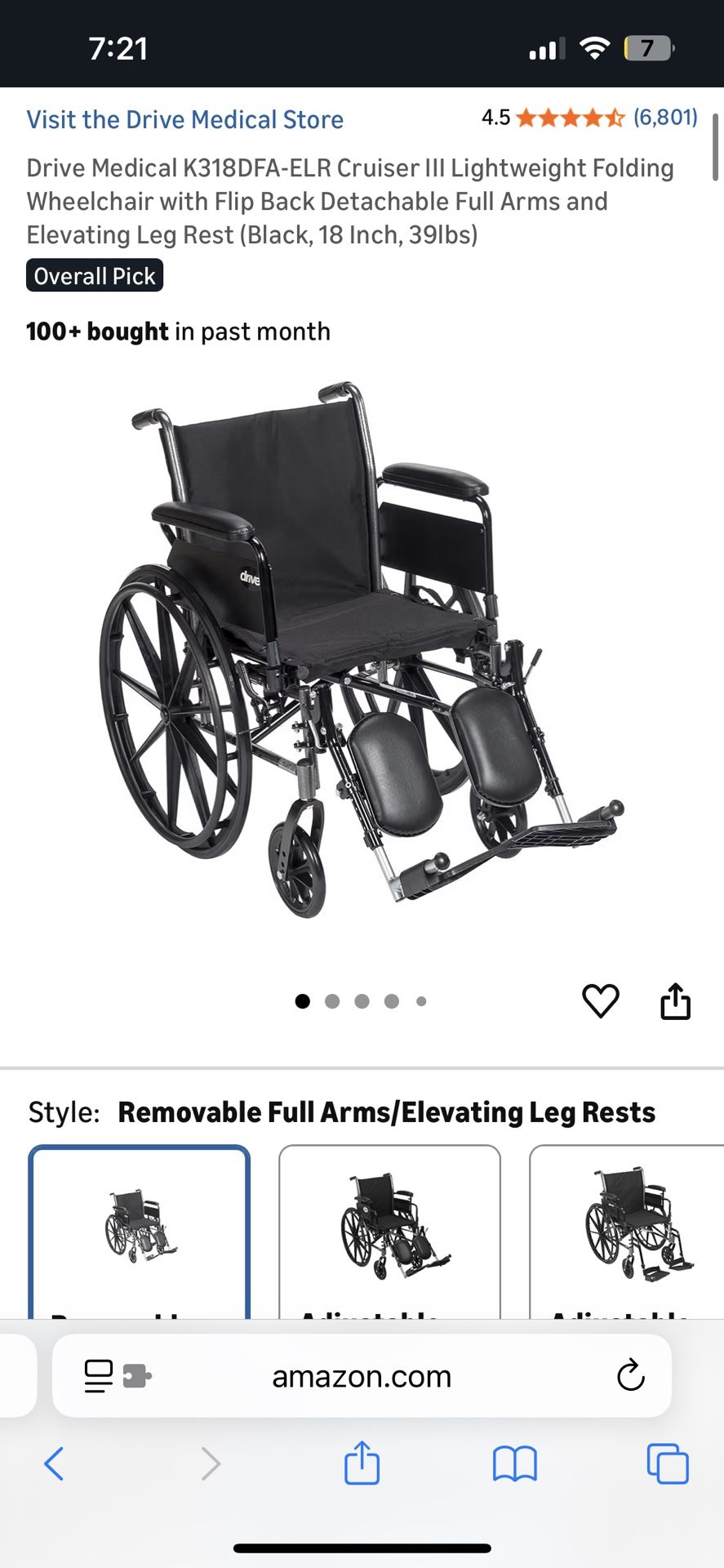 Drive Medical K318DFA-ELR Cruiser III Lightweight Folding Wheelchair with Flip Back Detachable Full Arms and Elevating Leg Rest