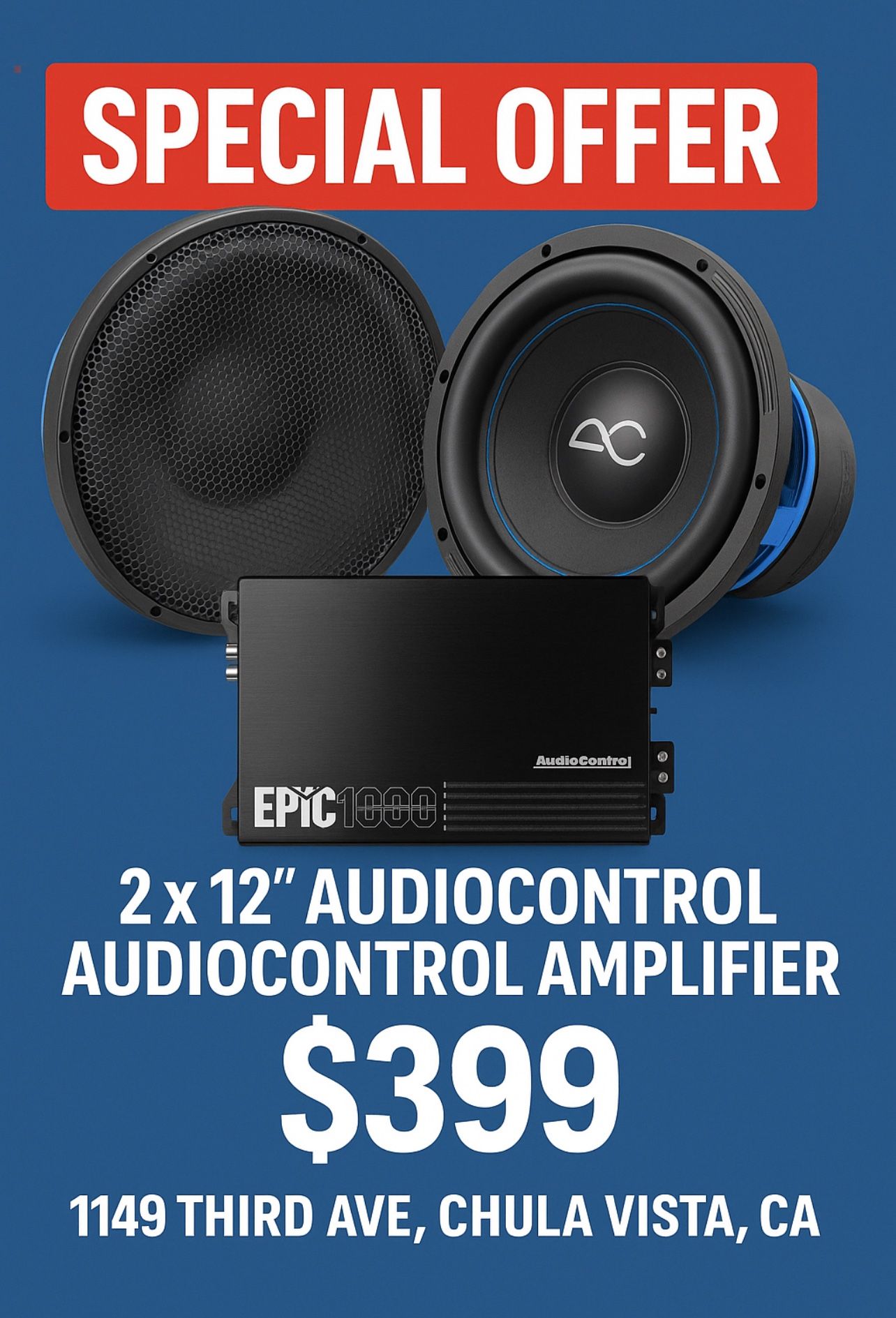 2 x 12” AudioControl Subwoofers + 1000W AudioControl Amplifier – Special Offer