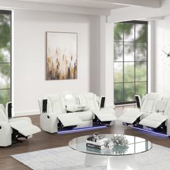 Luz White Leather Gel 3pc Reclining Iiving Set! $39 Down ! Hablo Español