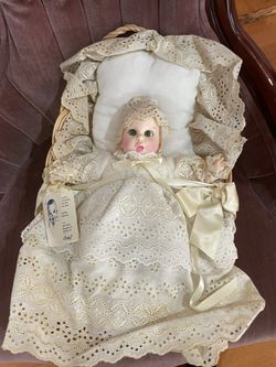 Vintage 1981 Porcelain Gerber Baby Doll with Christening Gown in a Basket; Limited