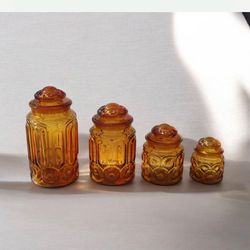 “Vintage L.E. Smith Moon & Stars Amber Glass Canister Set – 4 Pc – MCM – Excellent Condition”