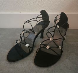 S.r.o. Black Strappy Heeled Sandals with Rhinestones 7