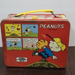 Vintage METAL PEANUTS Red Lunch Box And Thermos 