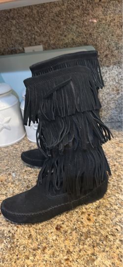 Black Suede Fringe Moccasin Boots