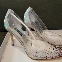 nine west heels 8.5 clear shinny, Women's Transparent Rhinestone Pump, holidays 