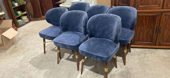 Modern Blue velvet living spaces dining chairs midcentury style solid wood base with brass