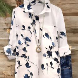 Blue Watercolor Floral Print Shirt 