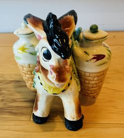 Vintage Ceramic Burro Donkey w/2 Side Barrels & Cork Stoppers. No Front Hooks.